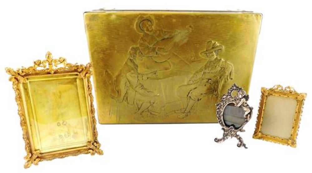 Appraisal: Brass repousse box with tavern scene along with three metal