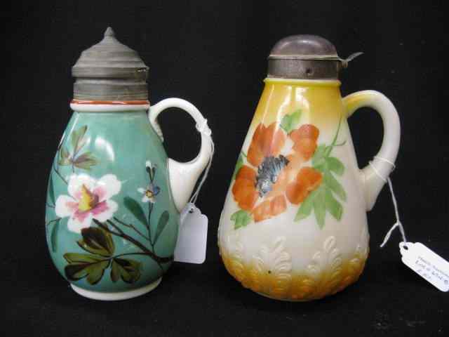 Appraisal: Victorian Milk Glass Syrup Pitchers handpainted florals ''