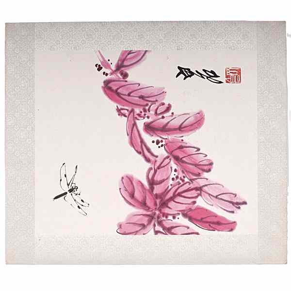 Appraisal: Flower and Dragonfly Watercolor Painting Chinese With calligraphic text and