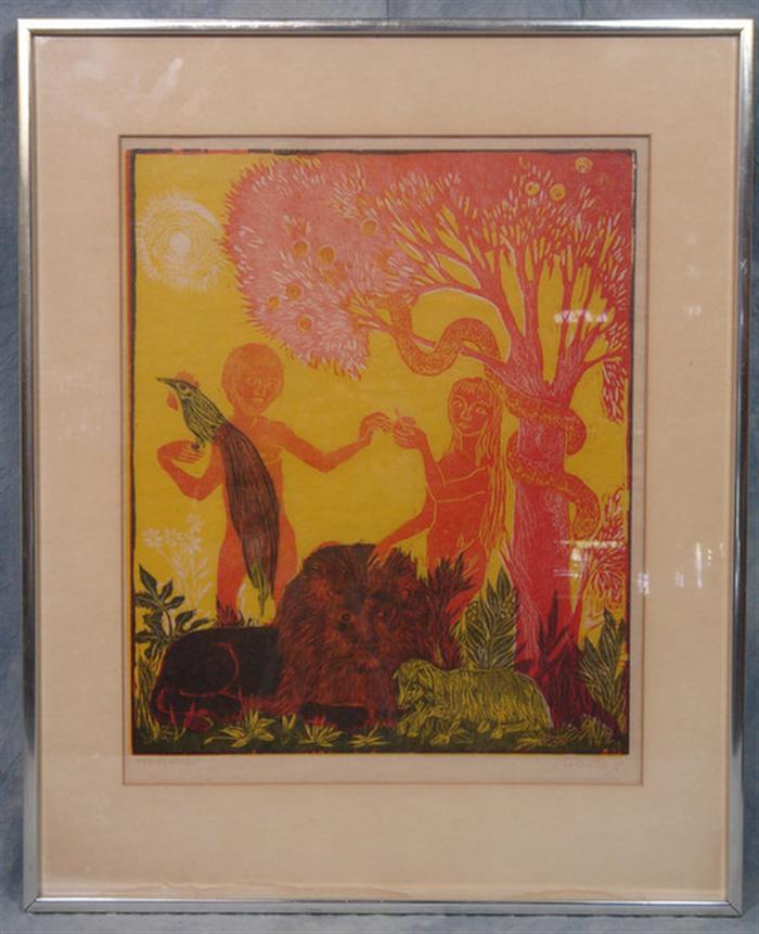 Appraisal: Helen Siegel Austrian b color woodblock print Temptation pencil signed