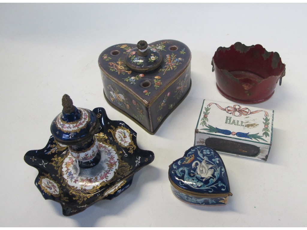 Appraisal: Heart shaped enamelled inkwell miniature toleware pot enamelled matchbox holder