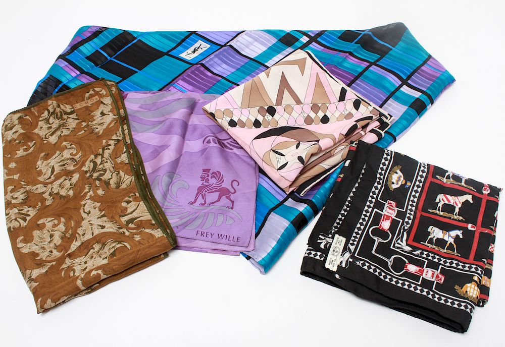 Appraisal: Designer Silk Scarves incl Yves Saint Laurent Designer silk scarves