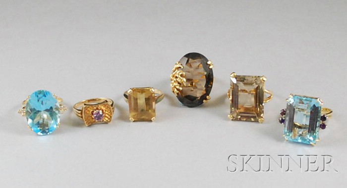 Appraisal: Six kt Gold and Gemstone Rings including blue topaz citrine