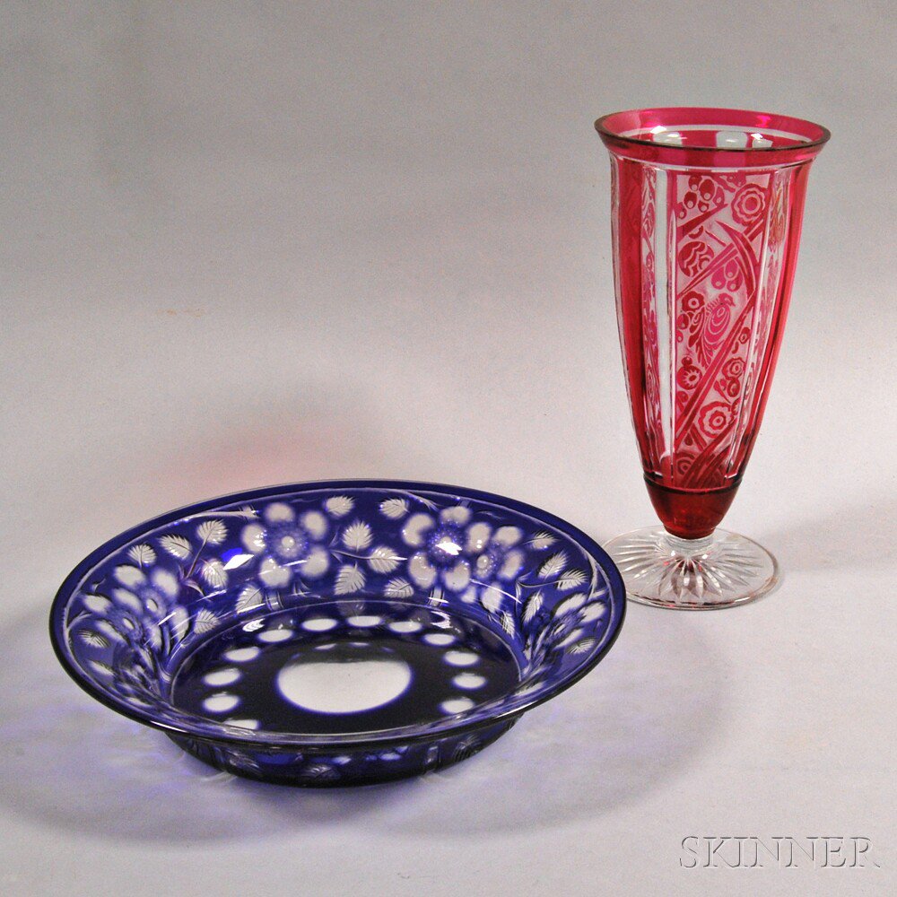 Appraisal: Two Cut Glass Items a cranberry-to-clear vase with vertical panels