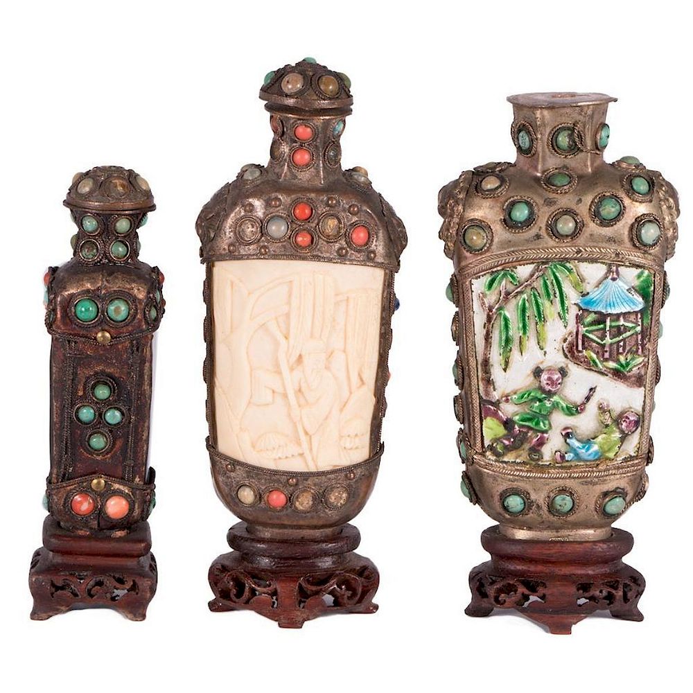 Appraisal: Three Tibetan Snuff Bottles Tibetian Snuff Bottles with inlaid jadite