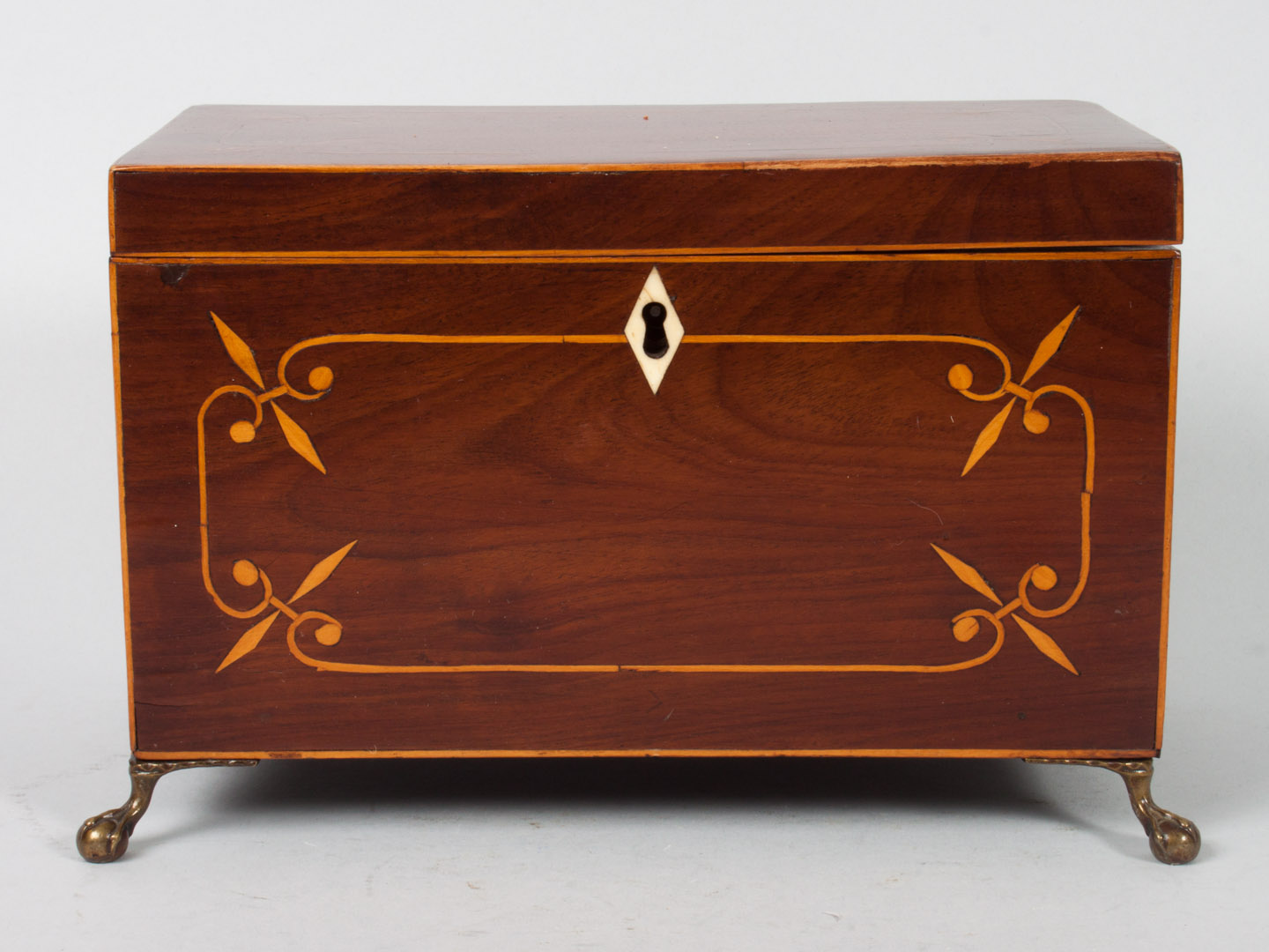 Appraisal: George III mahogany inlaid tea caddy late th century elaborate