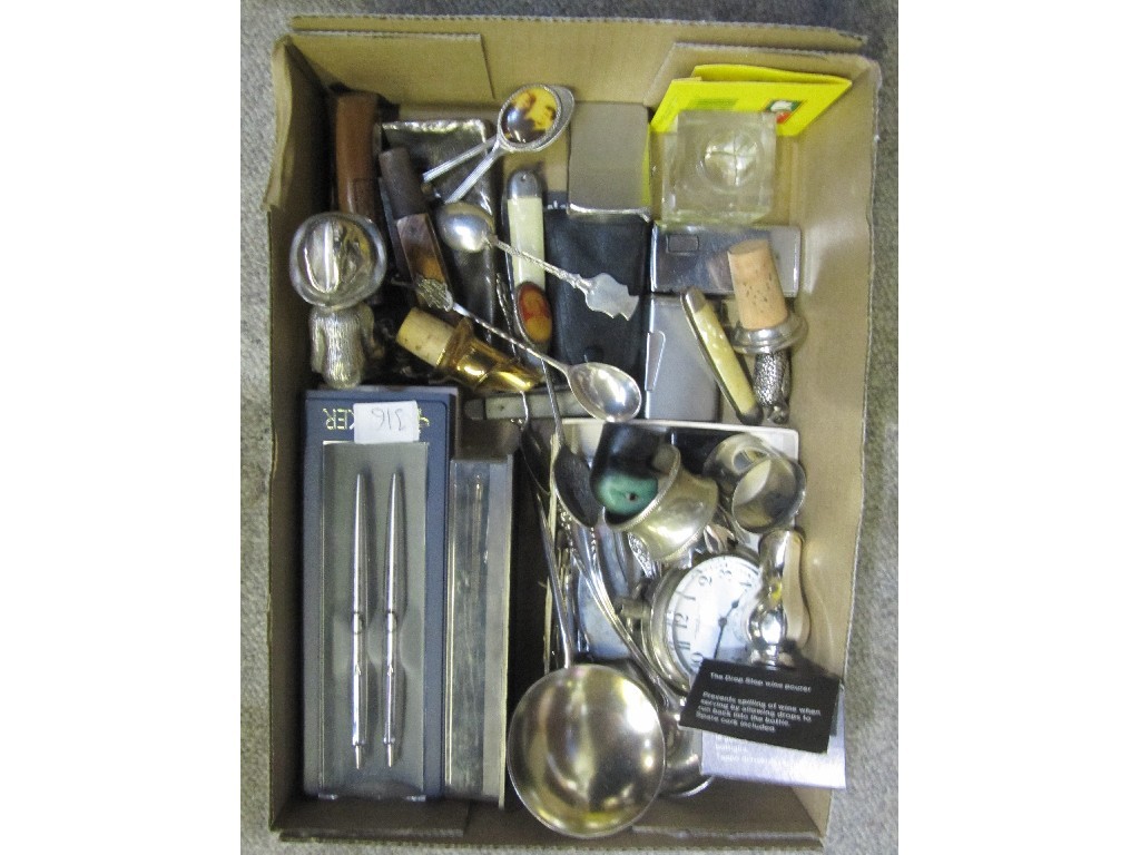 Appraisal: Box of miscellania - pens spoons cigarette lighters etc