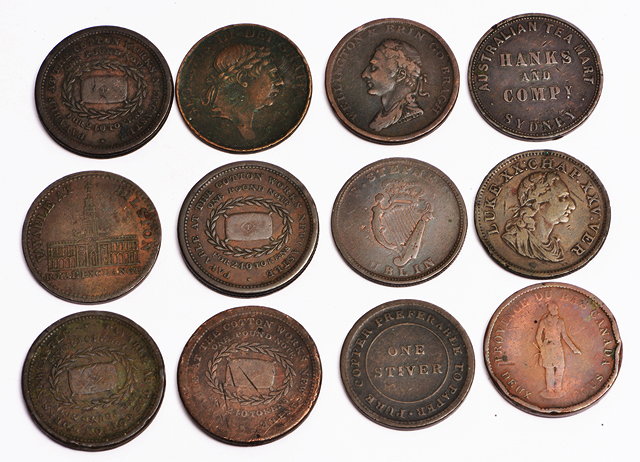 Appraisal: A GROUP OF TWELVE EARLY TH CENTURY COPPER PENNY TOKENS