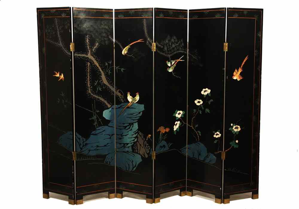 Appraisal: SIX-PANEL LACQUERED FOLDING SCREEN - Black Lacquer Screen finished on