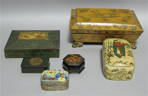 Appraisal: COLLECTION OF SIX DECORATIVE BOXES Comprising a late Victorian decoupaged