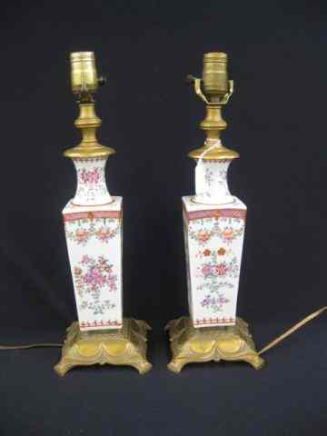 Appraisal: Pair of French Style Porcelain Lamps florals bronzed bases possibly