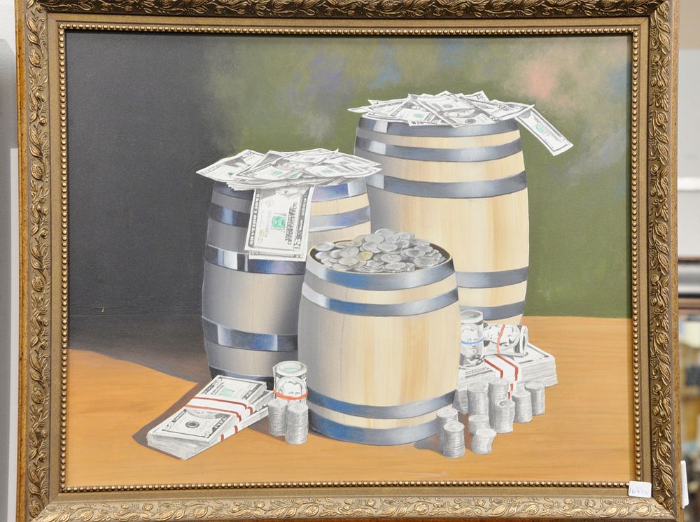 Appraisal: Richard Newill Trompe-l' il oil on masonite barrels of money