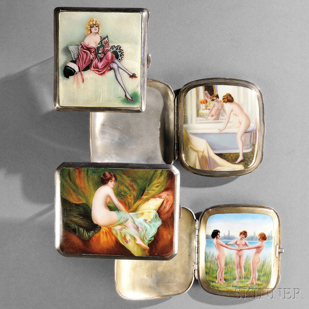 Appraisal: Four Continental Silver and Enamel Erotic Cigarette Cases early th