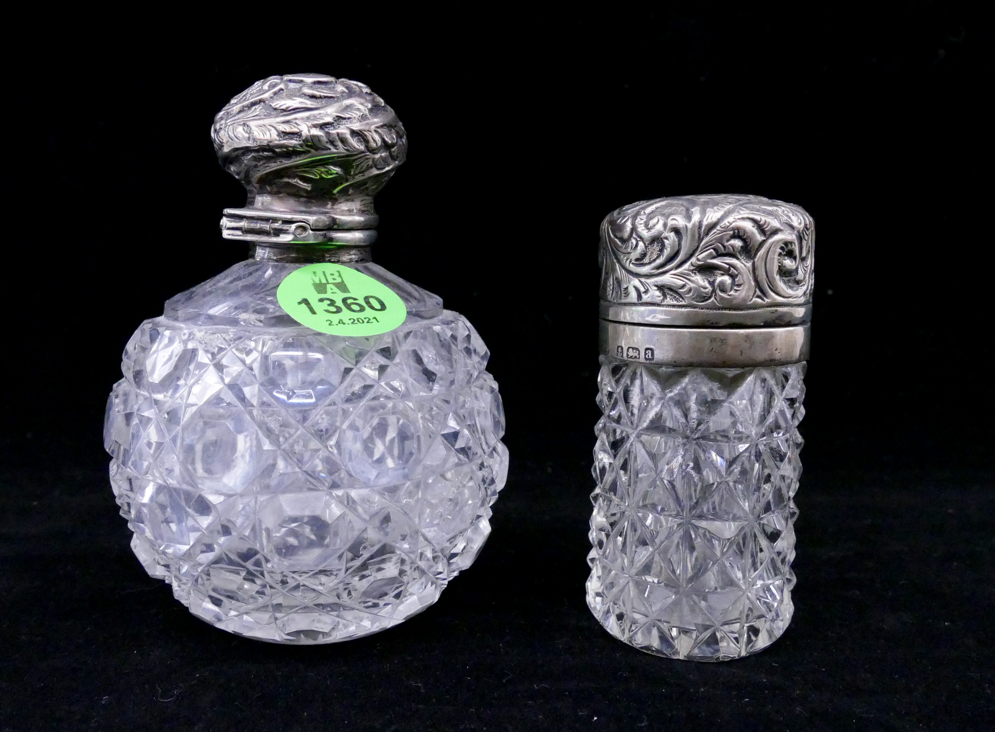 Appraisal: pc Antique English Sterling Mounted Cut Crystal Perfume Bottles- ''