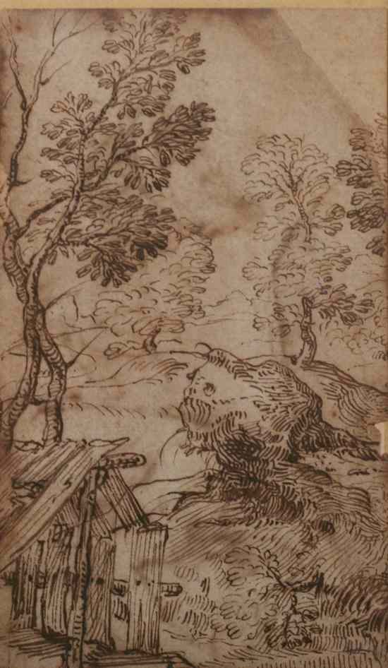 Appraisal: ITALIAN SCHOOL th century LANDSCAPE WITH WOOD SHED sepia drawing