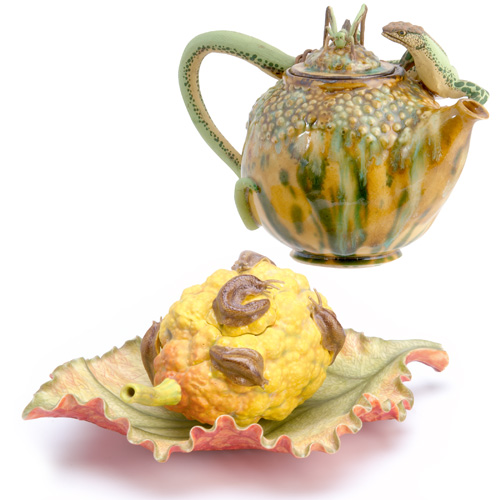 Appraisal: MICHEEN BRADLEY KEISUKE MIZUNO Two teapots Micheen Bradley majolica-type spherical