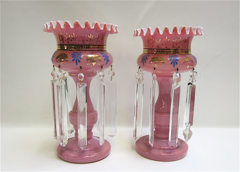 Appraisal: PAIR PINK GLASS VICTORIAN LUSTRES hand painted with blue and