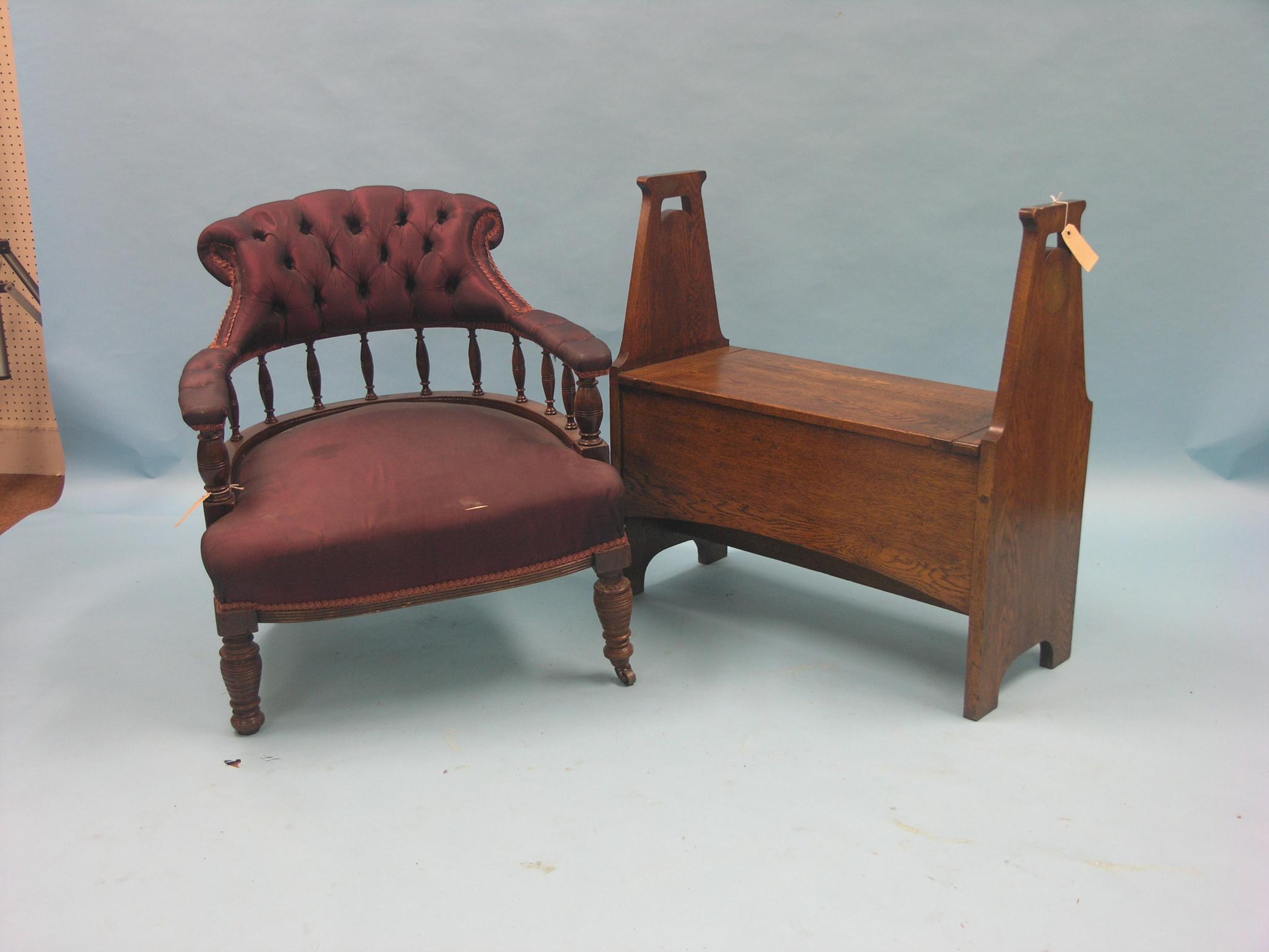 Appraisal: An Art Nouveau solid oak hall bench with inlaid stained