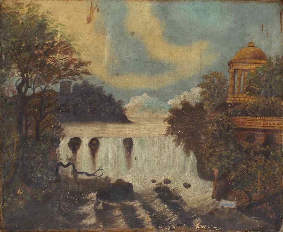 Appraisal: PRIMITIVE NAIVE TH C LANDSCAPE WITH WATERFALL AND GAZEBO BY