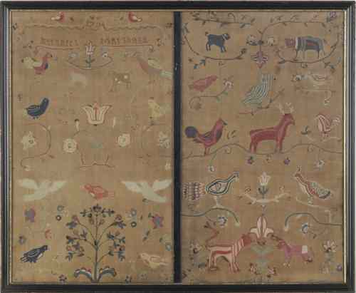 Appraisal: Pair of crewelwork panels dated wrought by Margaret Marshall decorated