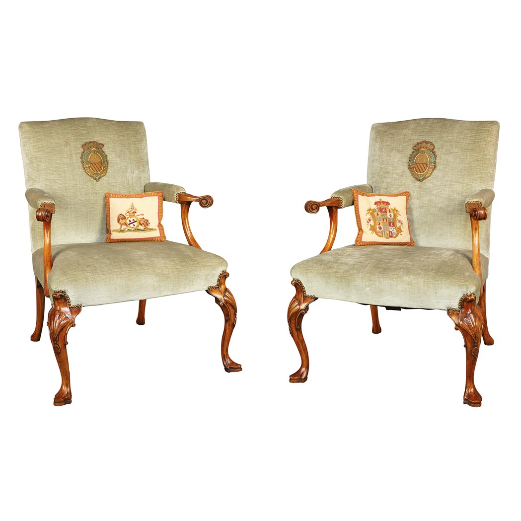 Appraisal: Pair of George III Style Walnut Library Armchairs th Early