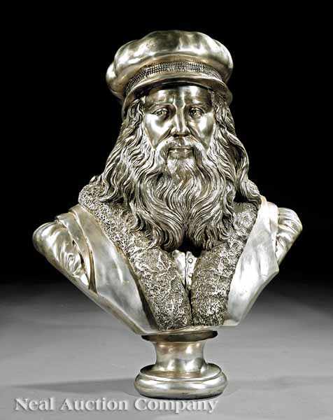 Appraisal: A Large Silvered Bronze Bust of Galileo height in width