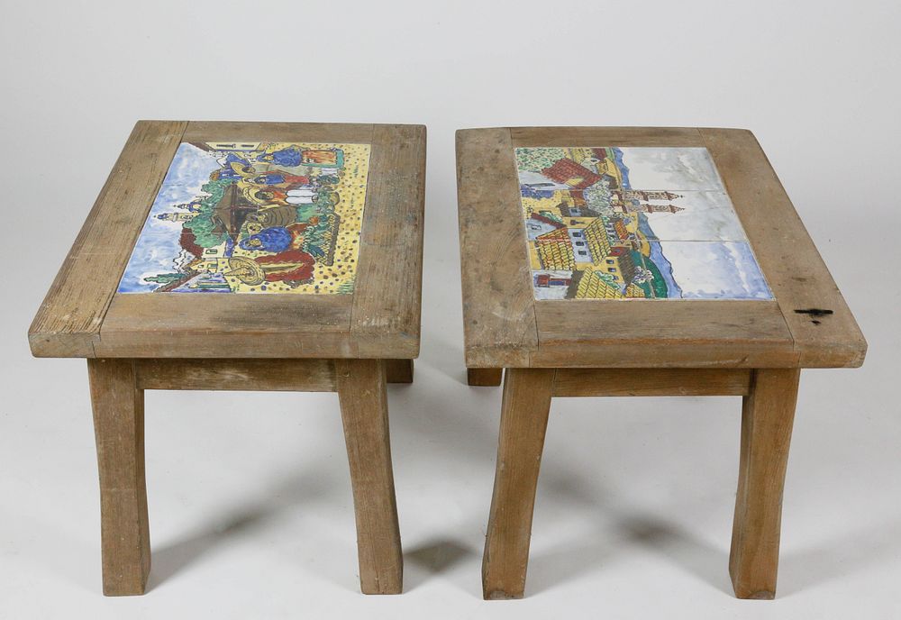 Appraisal: Two California Tile Tables Two California Tile Tables each inset