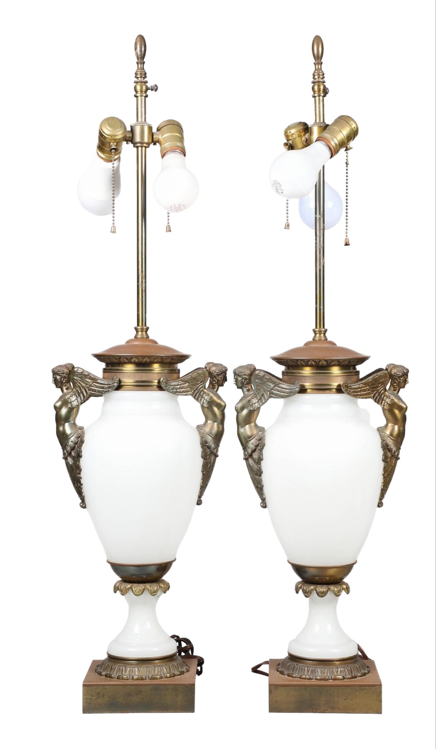 Appraisal: Opaline glass French Empire style lamp pair urn form opaline