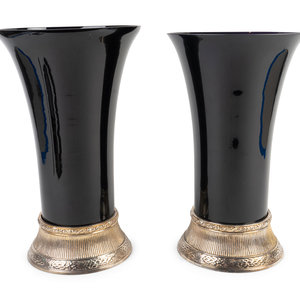 Appraisal: A Pair of Art Deco Style Black Glass Vases on