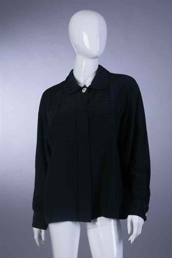 Appraisal: CHANEL BLACK BLOUSE late s With pleated bodice and collar