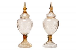 Appraisal: Pair of Tall Blown Amber Glass Brandy Dispensers A matched