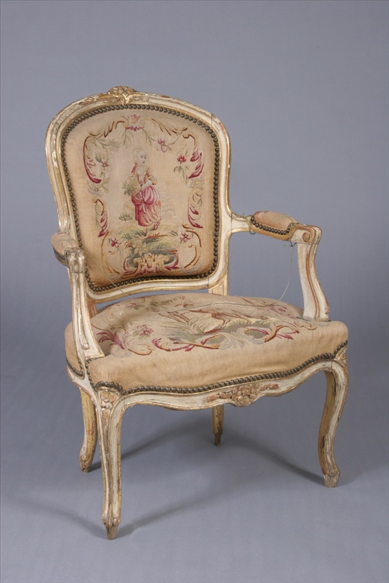 Appraisal: LOUIS XV PAINTED AND PARCEL-GILT AUBUSSON UPHOLSTERED FAUTEUIL th century