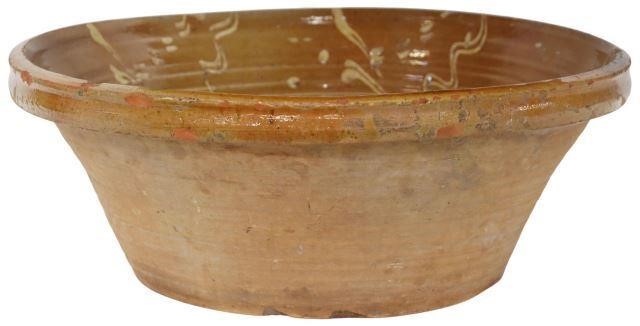 Appraisal: Large Spanish terracotta bowl slip decorated glazed interior typical chips