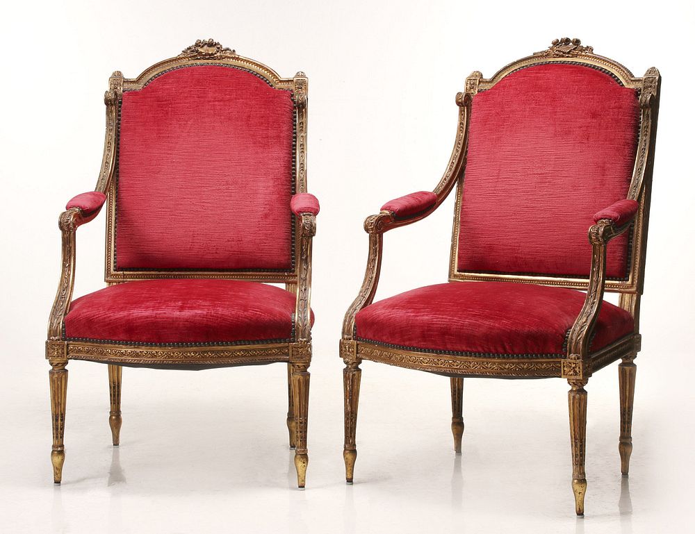 Appraisal: A PAIR TH CENTURY LOUIS XVI OPEN ARM FAUTEUIL Each