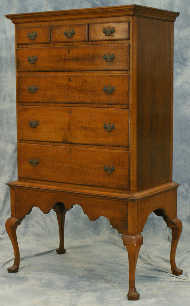 Appraisal: Figured maple Queen Anne style chest in frame bench made