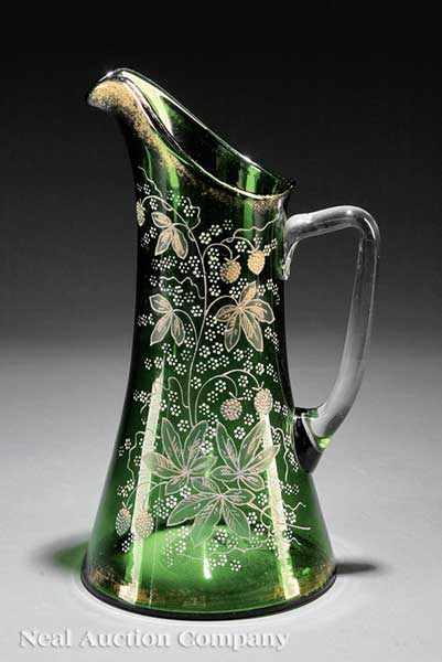 Appraisal: A Continental Enameled Emerald Glass Pitcher late th early th