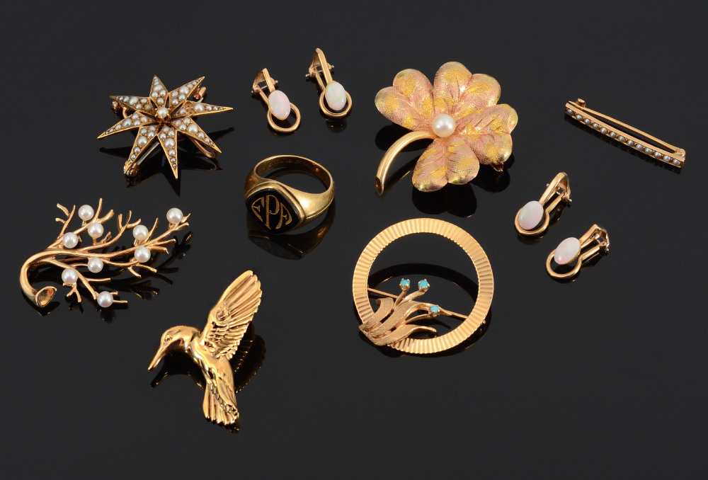 Appraisal: K GOLD ESTATE JEWELRY To include Hummingbird pin Seed Pearl