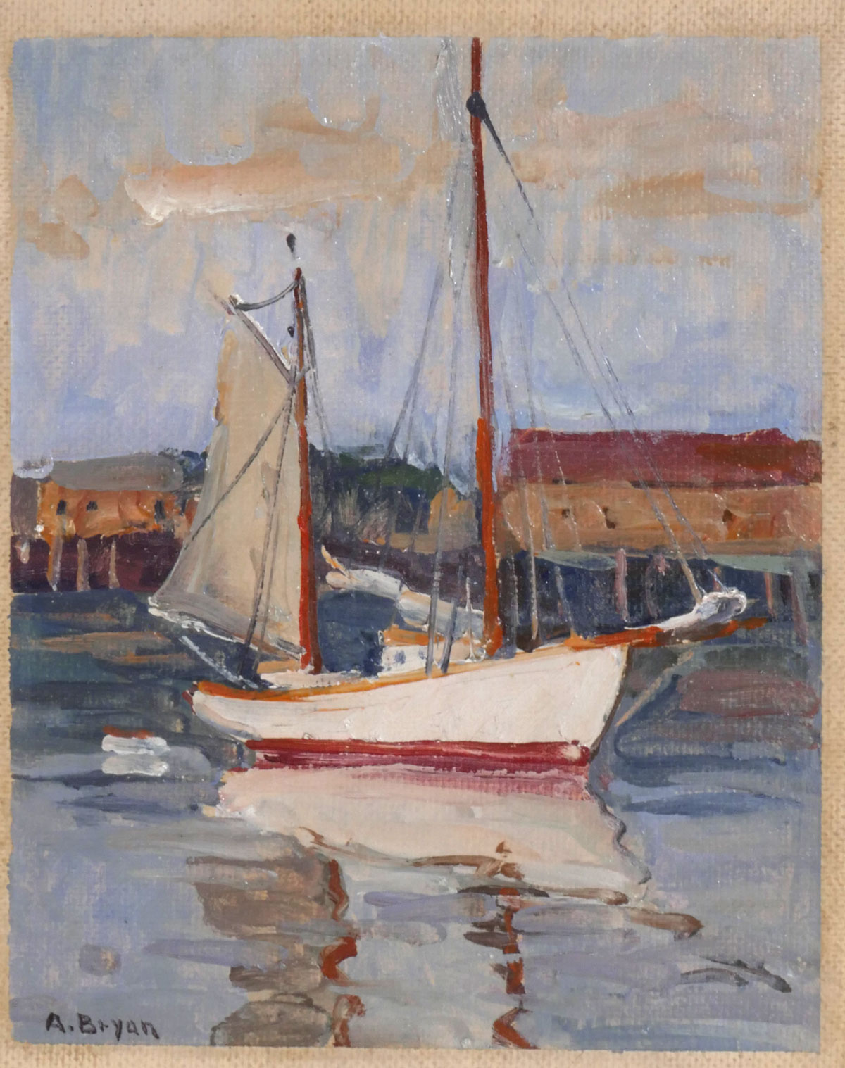 Appraisal: BRYAN Alden American - Sailboat in the Harbor Oil Masonite