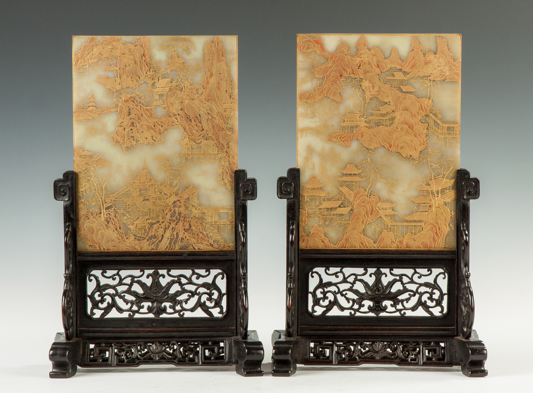 Appraisal: A Fine Pair of Chinese Gold Leaf and Painted Jade