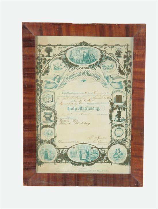 Appraisal: WEDDING CERTIFICATE IN DECORATED FRAME Engraving and ink on paper