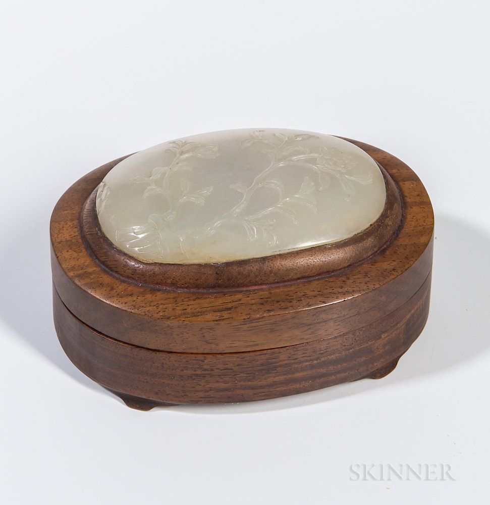 Appraisal: Wood Box and Cover with Jade Plaque Wood Box and