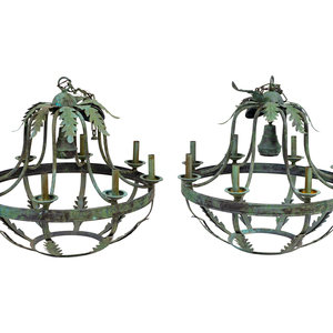 Appraisal: A Pair of Italian Baroque Style Green Patinated Iron Eight-Light