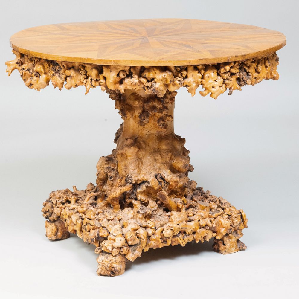 Appraisal: Unusual Continental Burl Rootwood Walnut and Bird's Eye Maple Parquetry