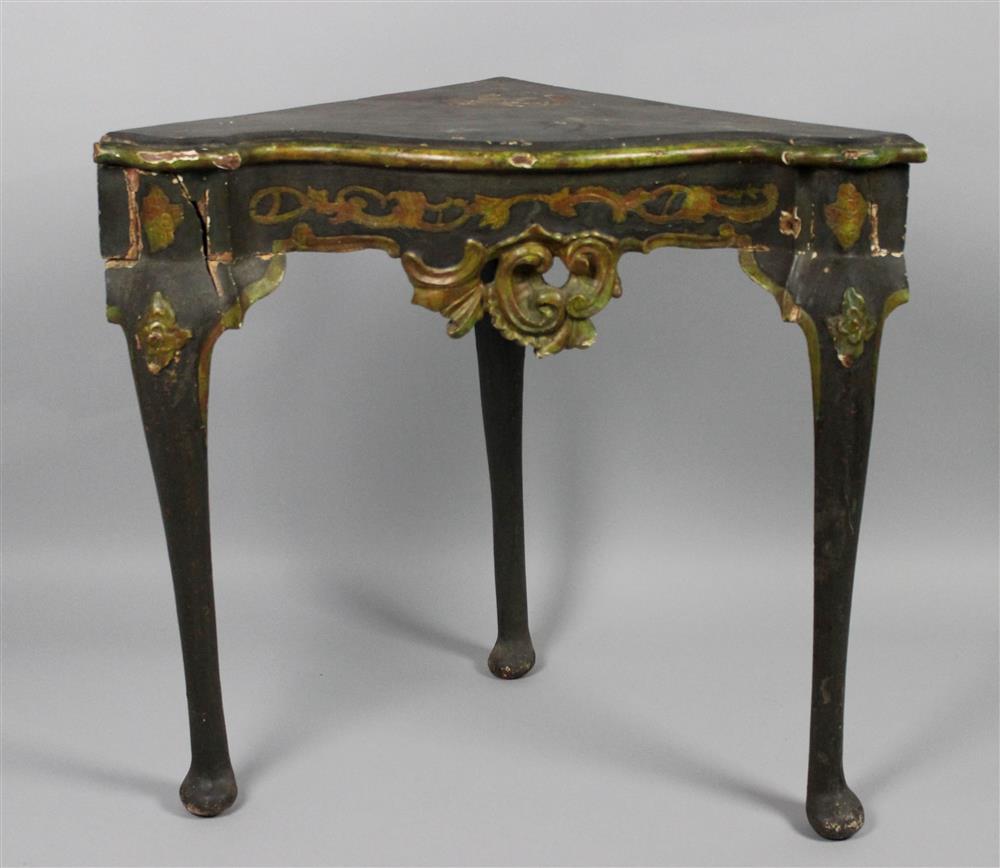 Appraisal: VENETIAN ROCOCO STYLE GREEN AND GILT POLYCHROME PAINTED CORNER TABLE