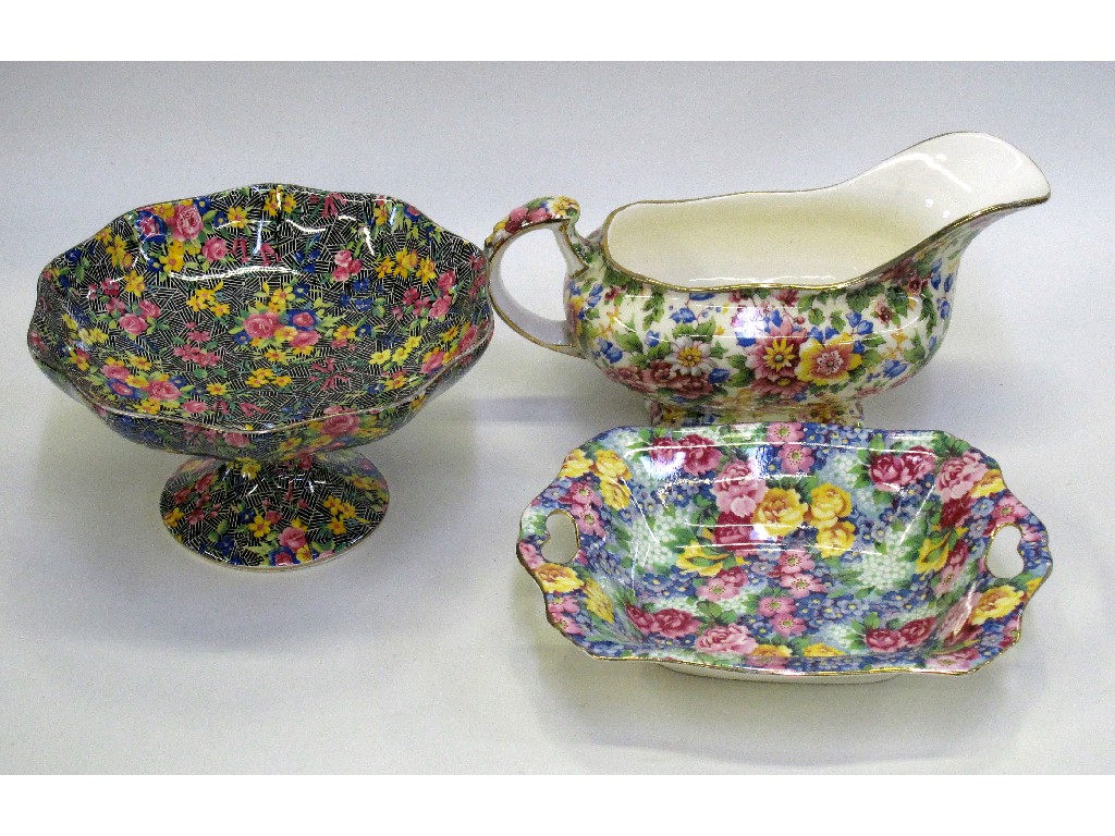 Appraisal: Royal Winton 'Cromer' chintz tazza 'Cheadle' chintz sauceboat and 'Julia'