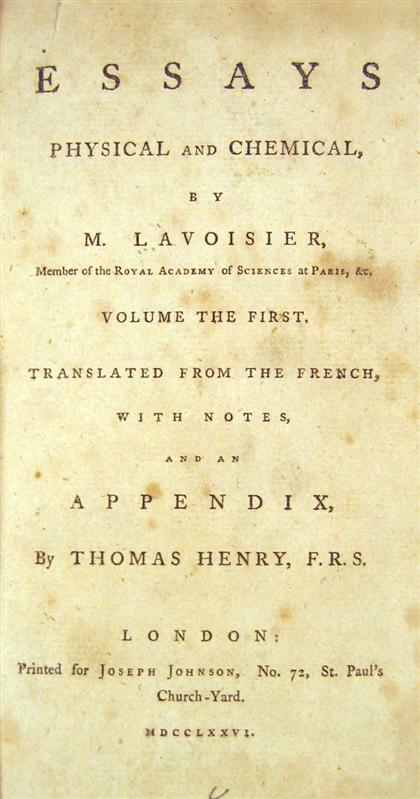 Appraisal: vol Lavoiser Antoine Laurent Essays Physical and Chemical London for