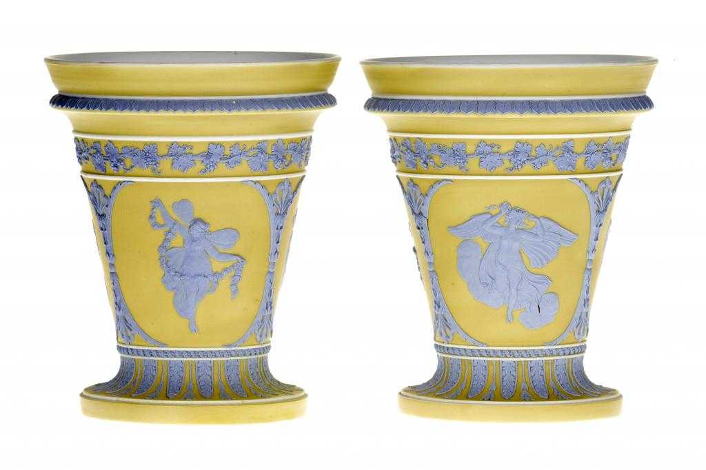 Appraisal: A PAIR OF WEDGWOOD JASPER FLOWER VASES shape in yellow