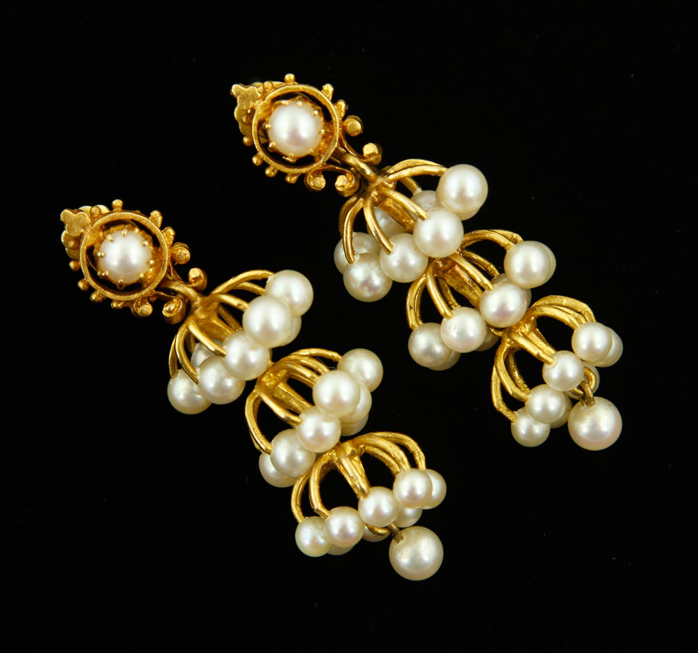 Appraisal: - PR K Yellow Gold and Pearl Drop Earrings Pair