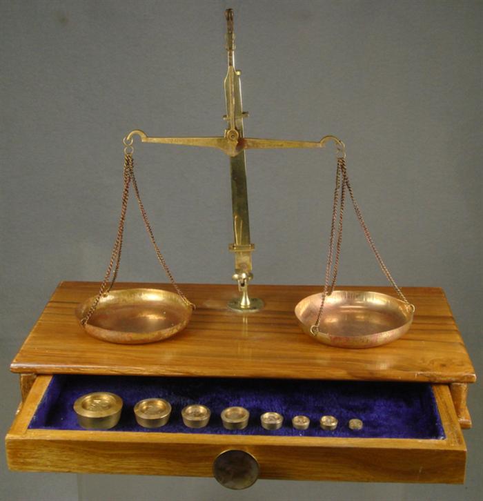 Appraisal: Brass balance scale with set graduated brass weights w d