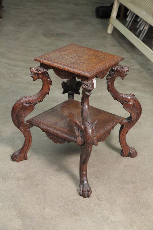 Appraisal: CARVED TABLE Mahogany with geometric pyrography decorated top and stretcher